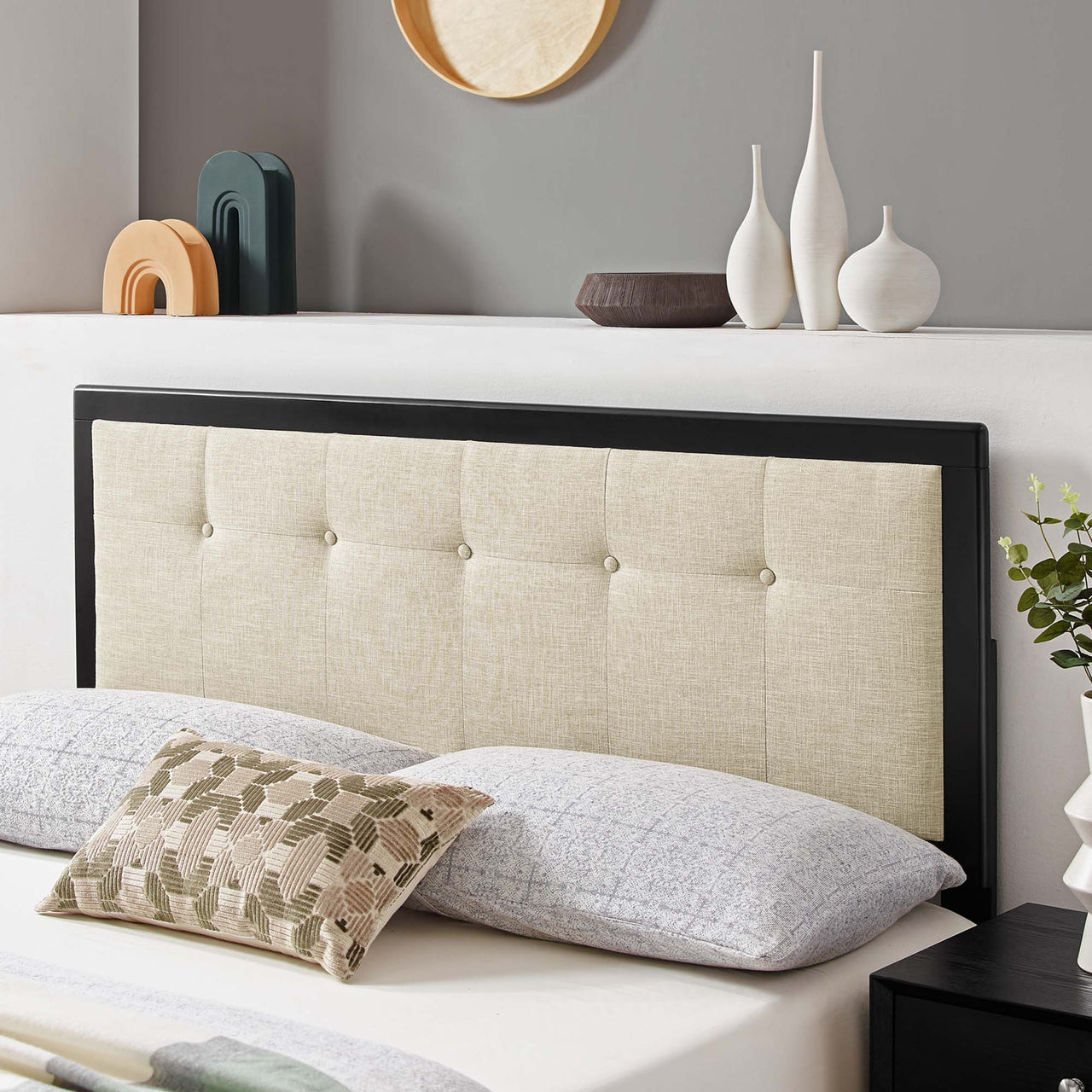 Neutral Blends Upholstered Queen Headboard, Black & Beige