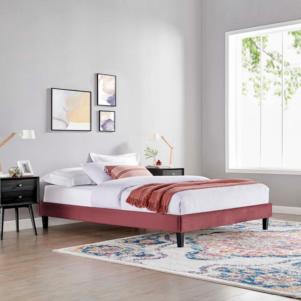 Sloane Velvet Twin Platform Bed Frame, Dusty Rose