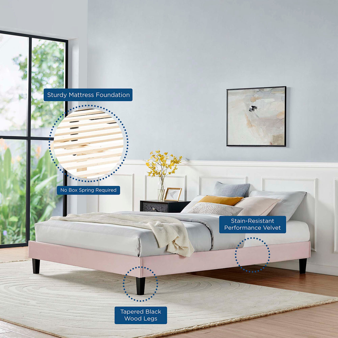 Sloane Velvet Queen Platform Bed Frame, Pink