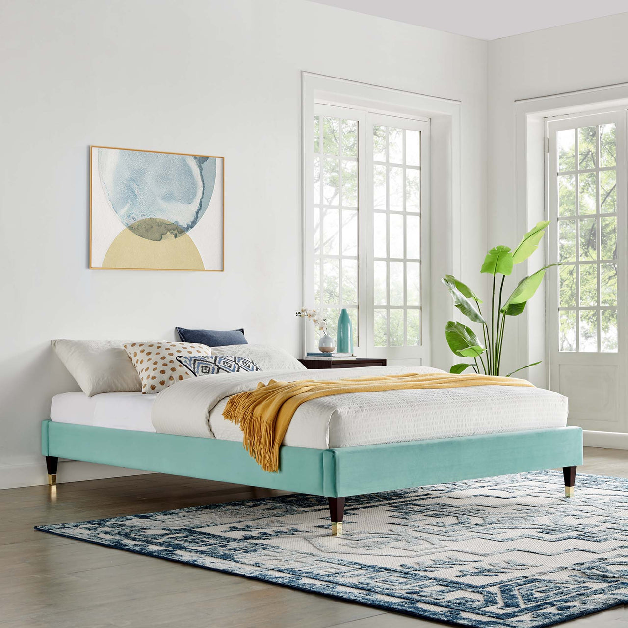 Riser Upholstered Velvet Full Platform Bed Frame, Mint