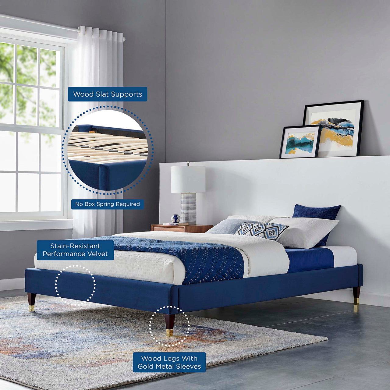 Riser Upholstered Velvet Full Platform Bed Frame, Navy