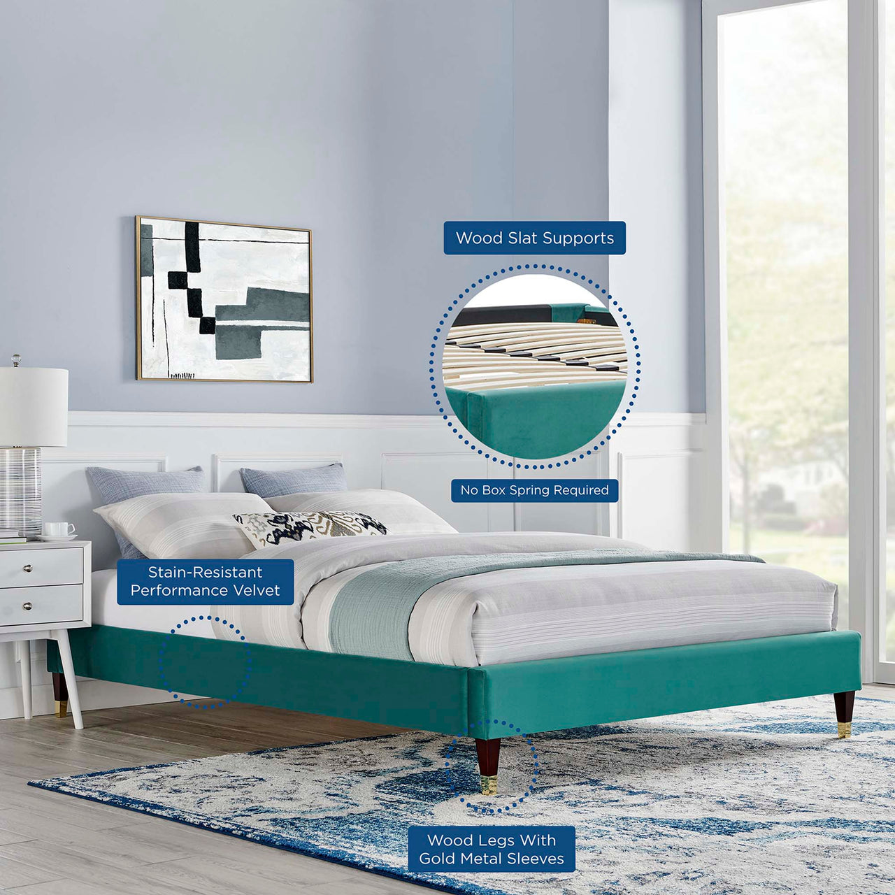 Riser Upholstered Velvet Full Platform Bed Frame, Teal