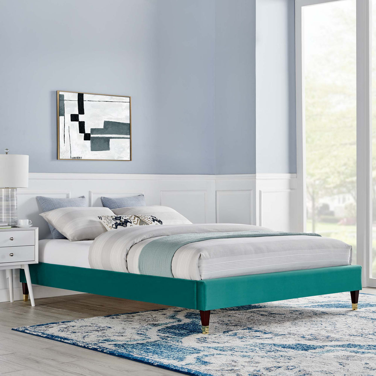 Riser Upholstered Velvet Full Platform Bed Frame, Teal