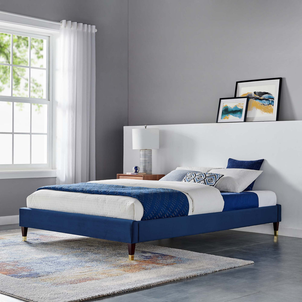 Riser Upholstered Velvet Queen Platform Bed Frame, Navy