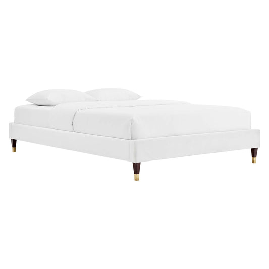 Riser Upholstered Velvet Queen Platform Bed Frame, White