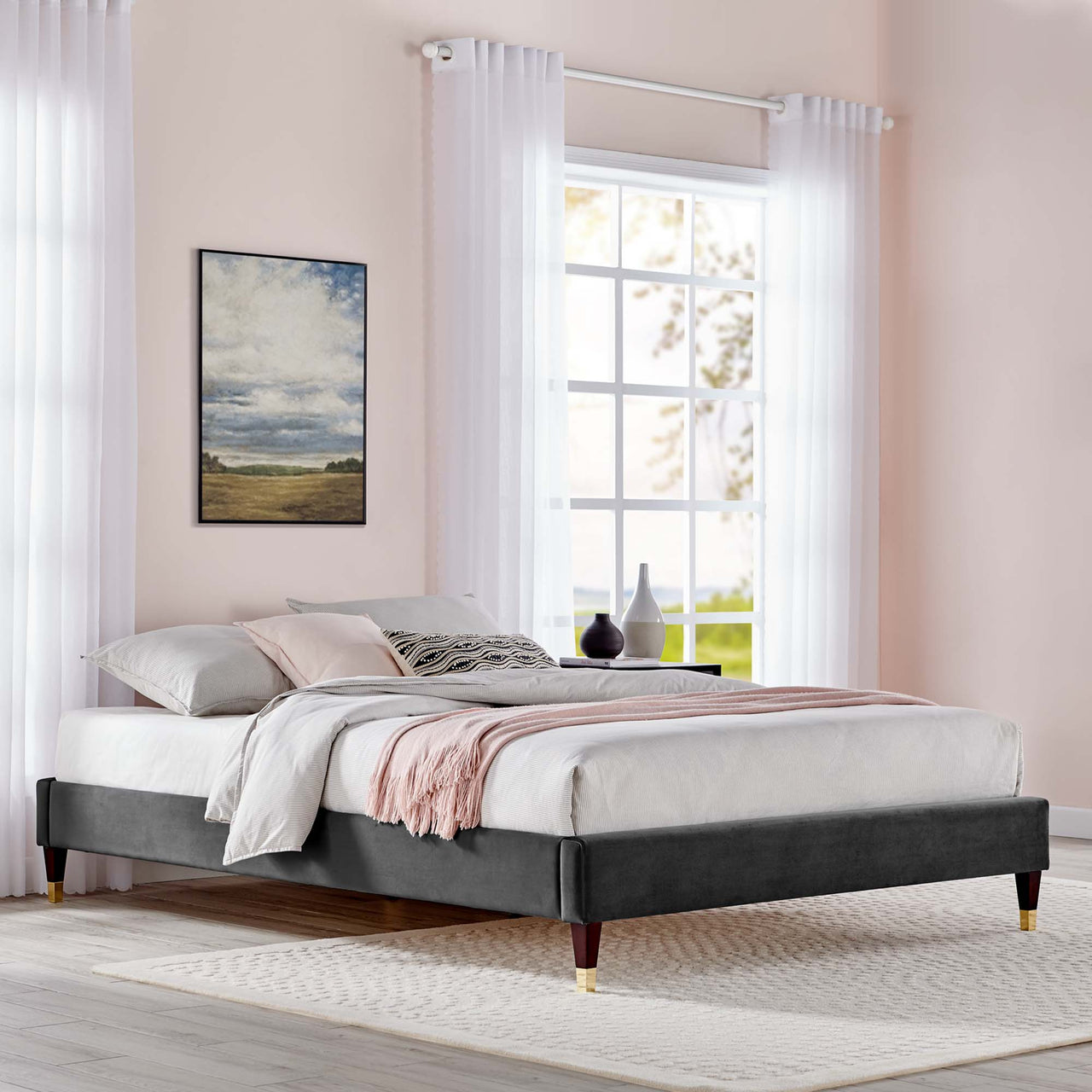 Riser Upholstered Velvet King Platform Bed Frame, Charcoal