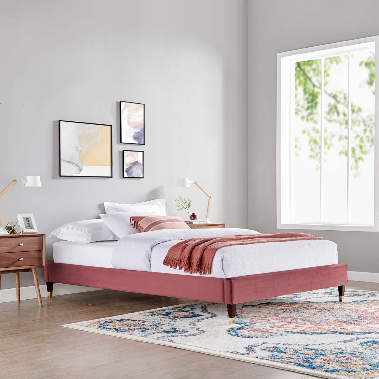 Riser Upholstered Velvet King Platform Bed Frame, Dusty Rose