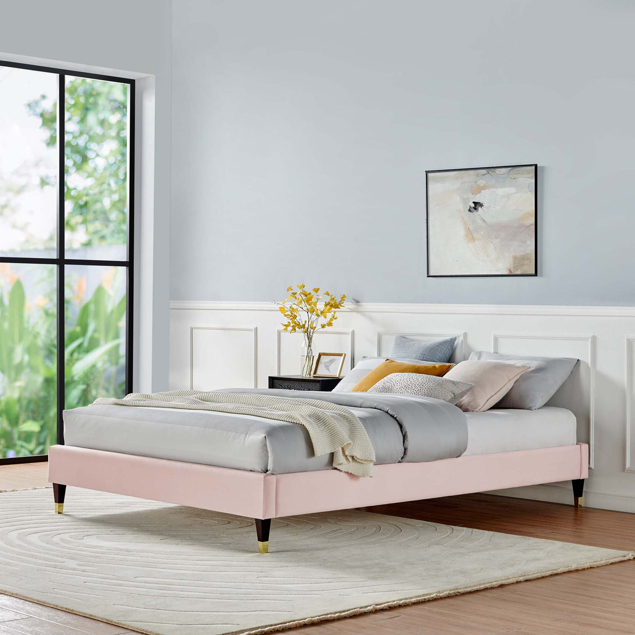 Riser Upholstered Velvet King Platform Bed Frame, Pink