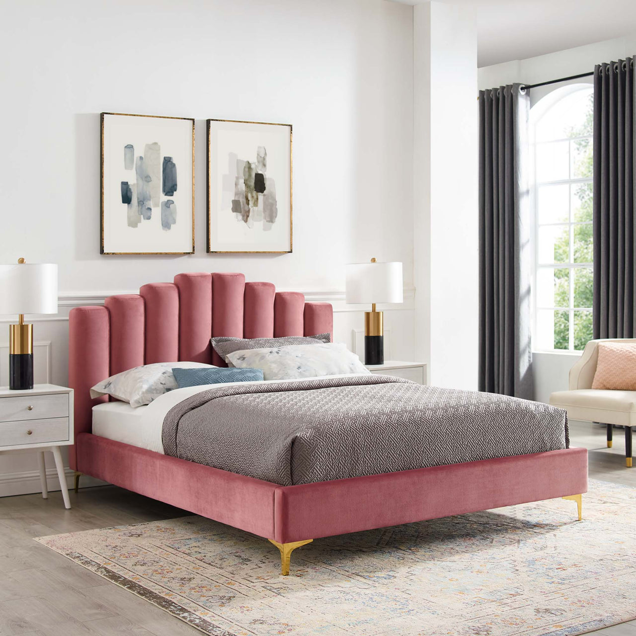 Ascension Upholstered Velvet Queen Platform Bed, Dusty Rose