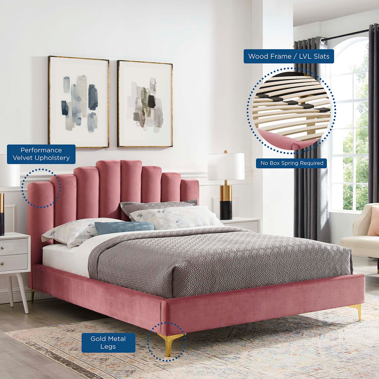 Ascension Upholstered Velvet Queen Platform Bed, Dusty Rose