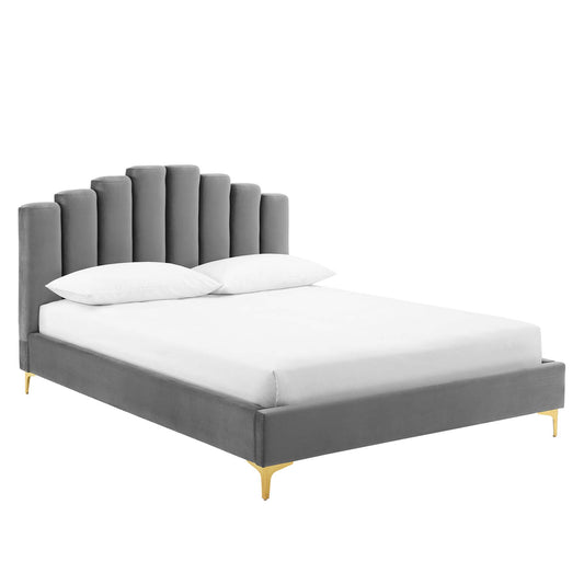 Ascension Upholstered Velvet Queen Platform Bed, Gray
