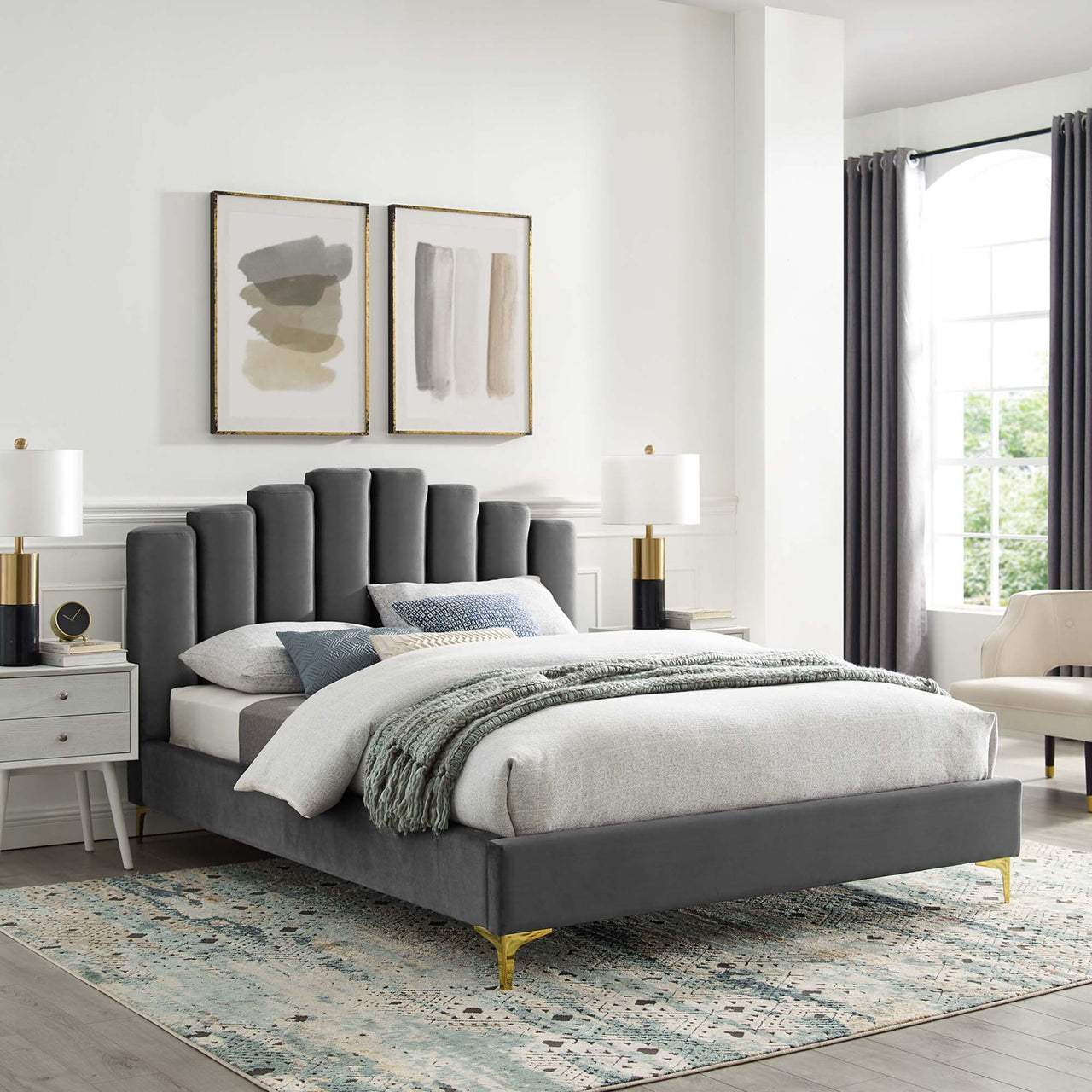 Ascension Upholstered Velvet Queen Platform Bed, Gray