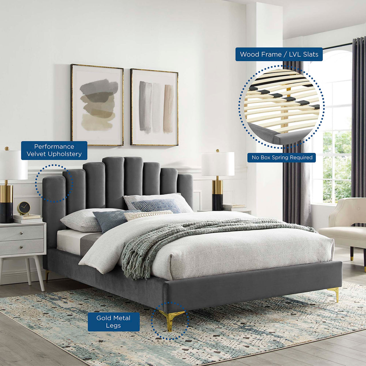 Ascension Upholstered Velvet Queen Platform Bed, Gray