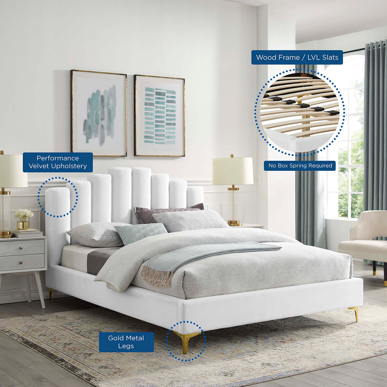 Ascension Upholstered Velvet Queen Platform Bed, White