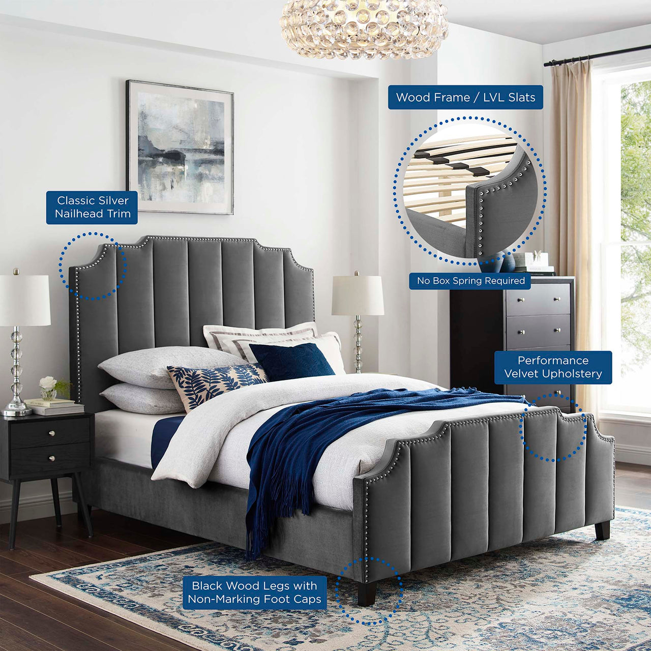 Avrienne Velvet Queen Platform Bed, Gray