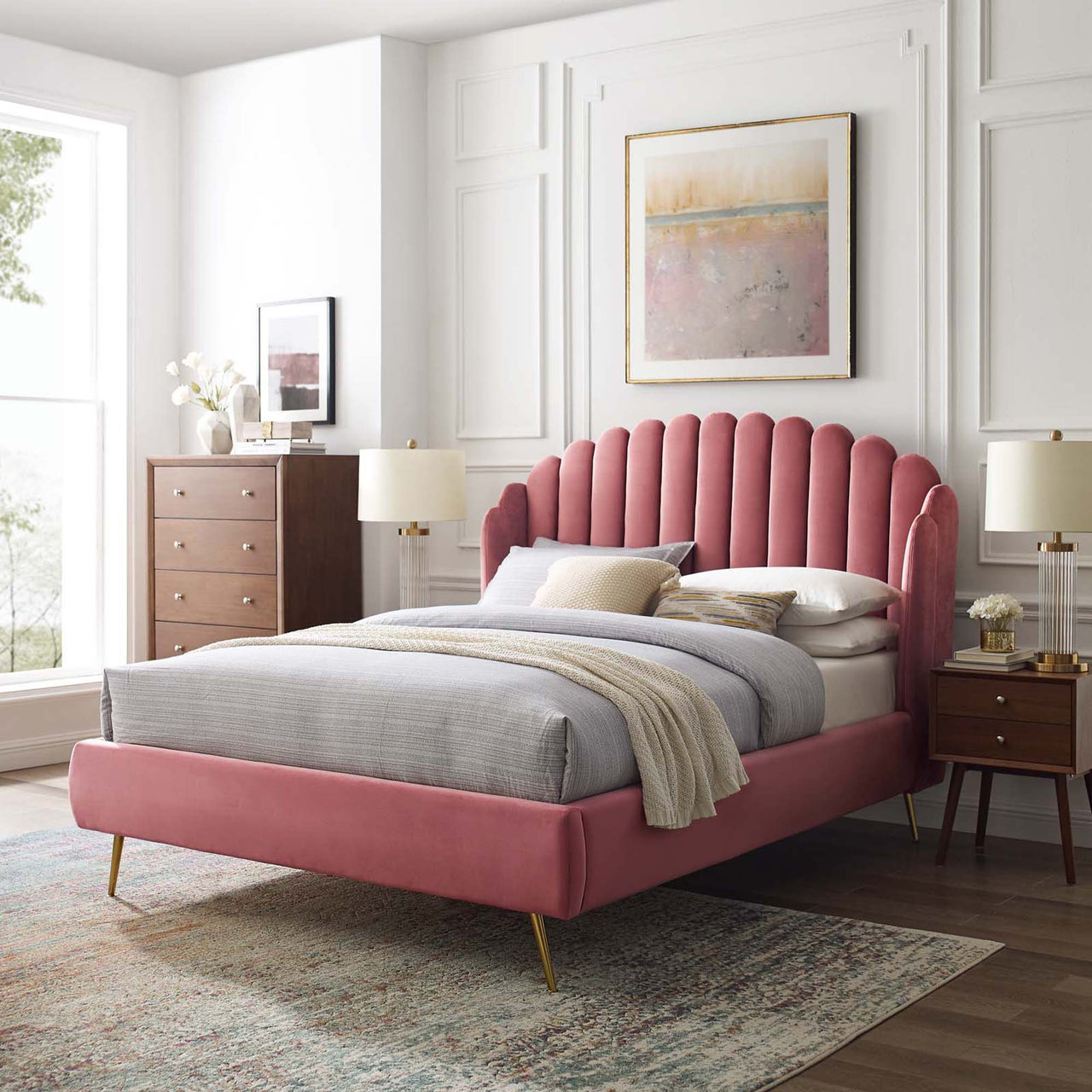 Peacock Upholstered Velvet Bed, Dusty Rose
