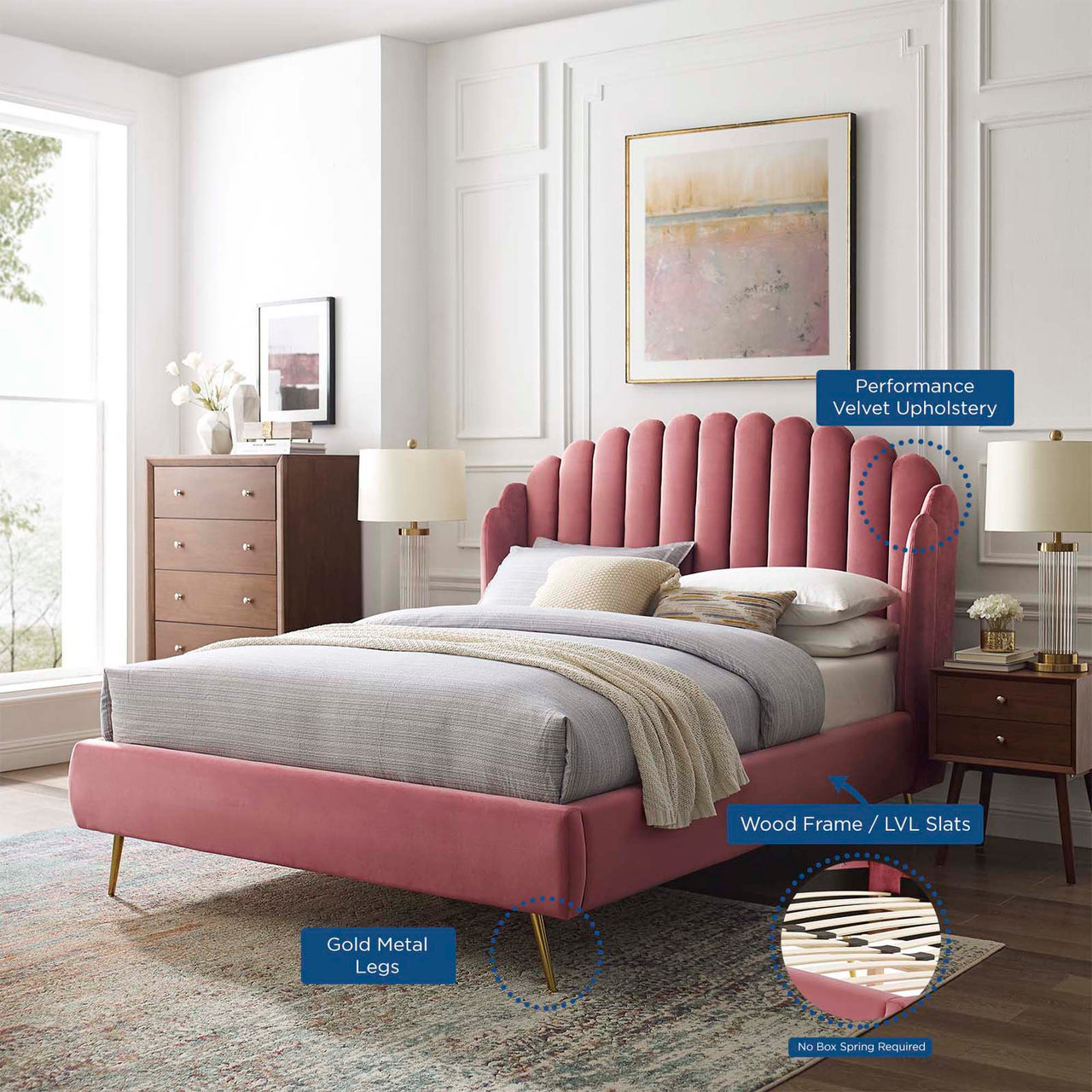 Peacock Upholstered Velvet Bed, Dusty Rose