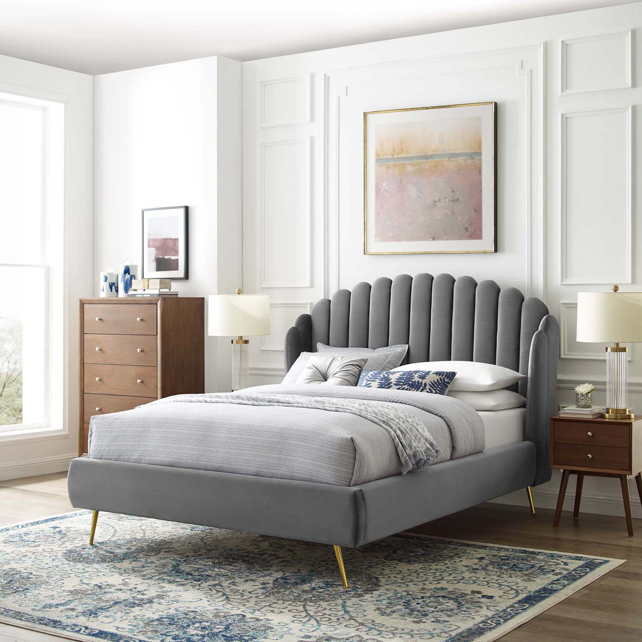 Peacock Upholstered Velvet Bed, Gray