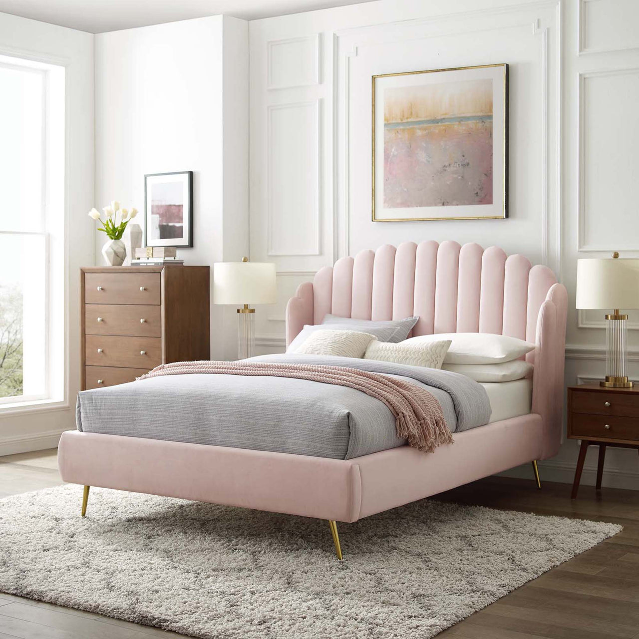 Peacock Upholstered Velvet Bed, Pink