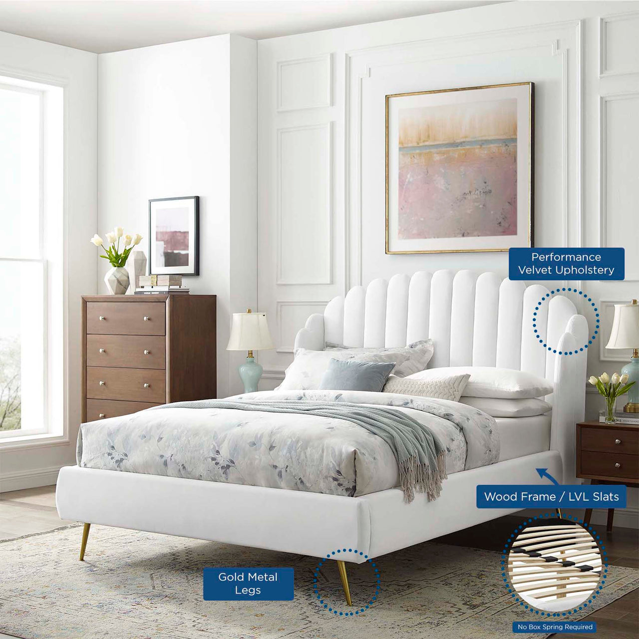 Peacock Upholstered Velvet Bed, White