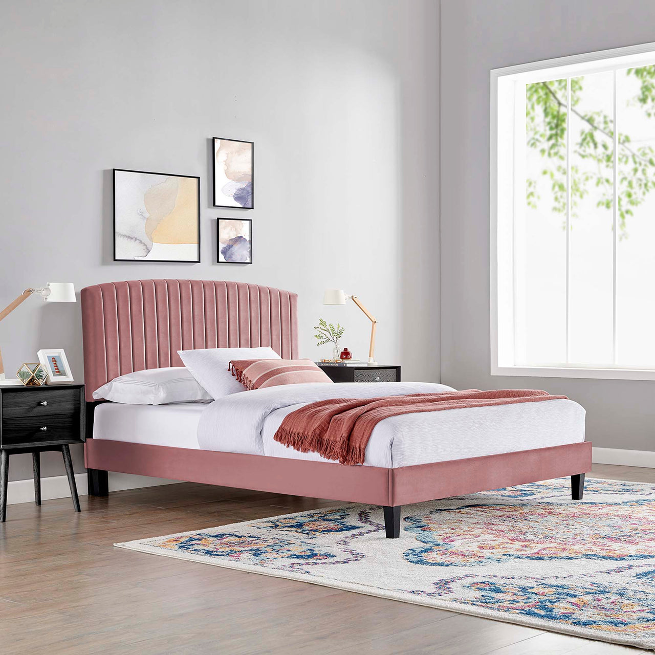 Lass Upholstered Velvet Queen Platform Bed, Dusty Rose