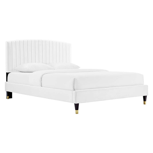Lass Upholstered Velvet Queen Platform Bed, White