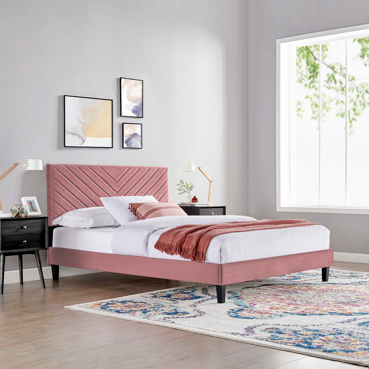 Empower Upholstered Velvet Queen Platform Bed, Dusty Rose & Black