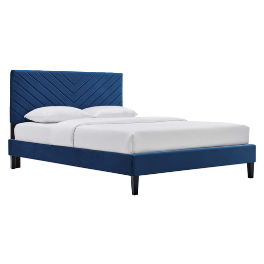 Empower Upholstered Velvet Queen Platform Bed, Navy