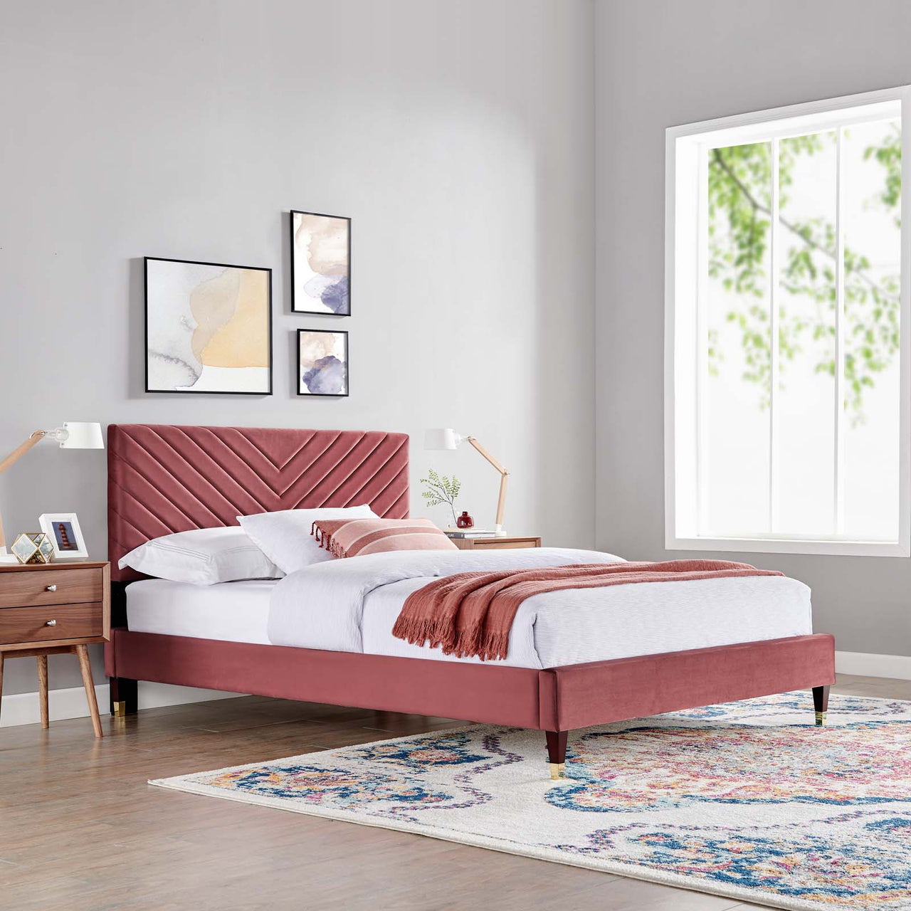 Empower Upholstered Velvet Queen Platform Bed, Dusty Rose