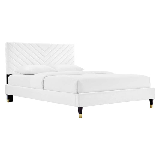 Empower Upholstered Velvet Queen Platform Bed, White