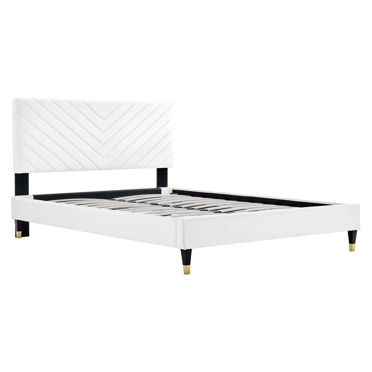 Empower Upholstered Velvet Queen Platform Bed, White