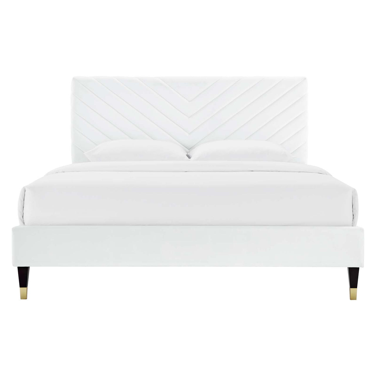 Empower Upholstered Velvet Queen Platform Bed, White
