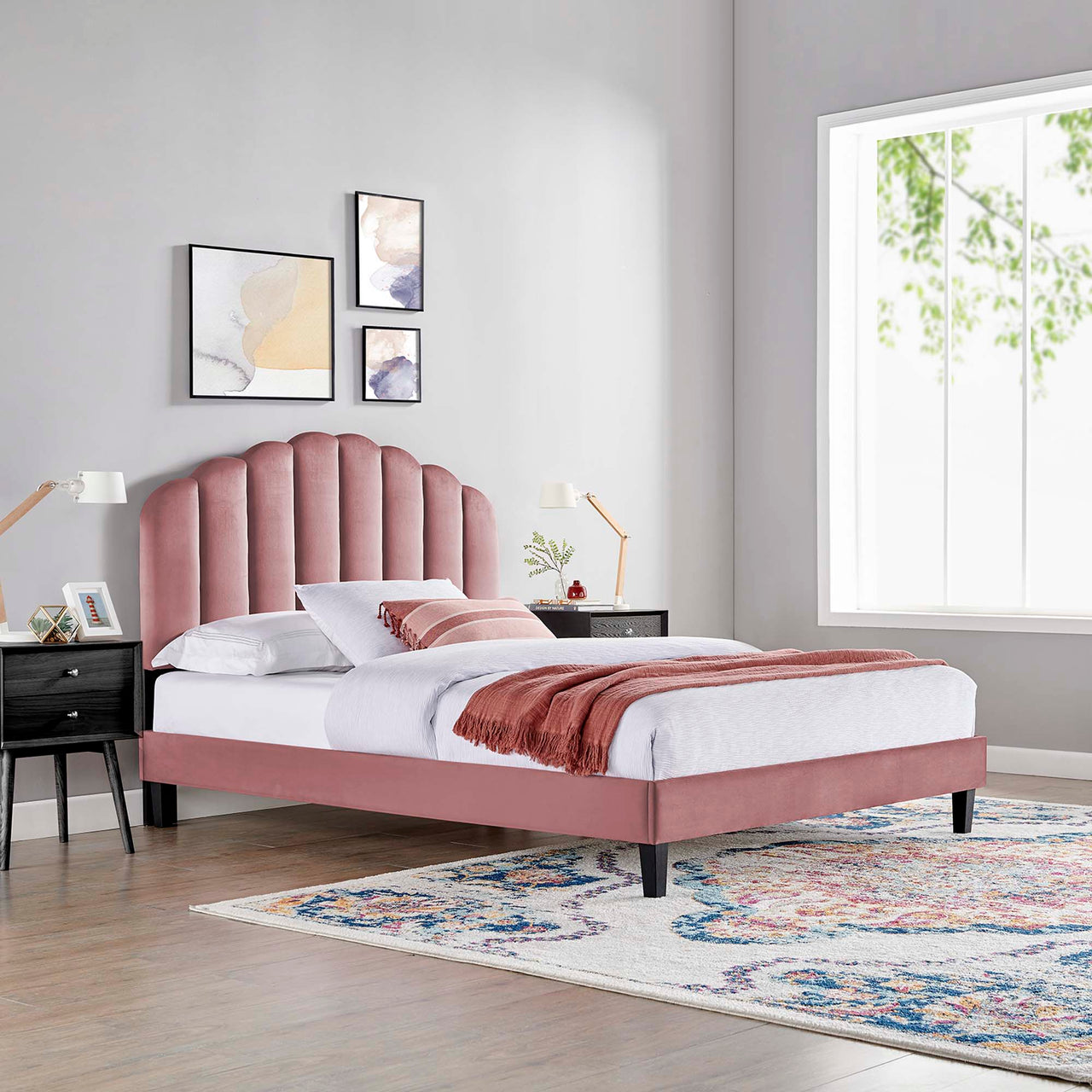 Tiara Velvet Queen Platform Bed, Dusty Rose