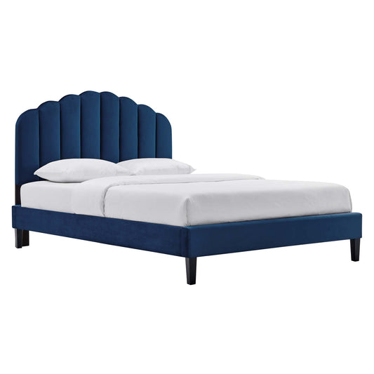 Tiara Velvet Queen Platform Bed, Navy