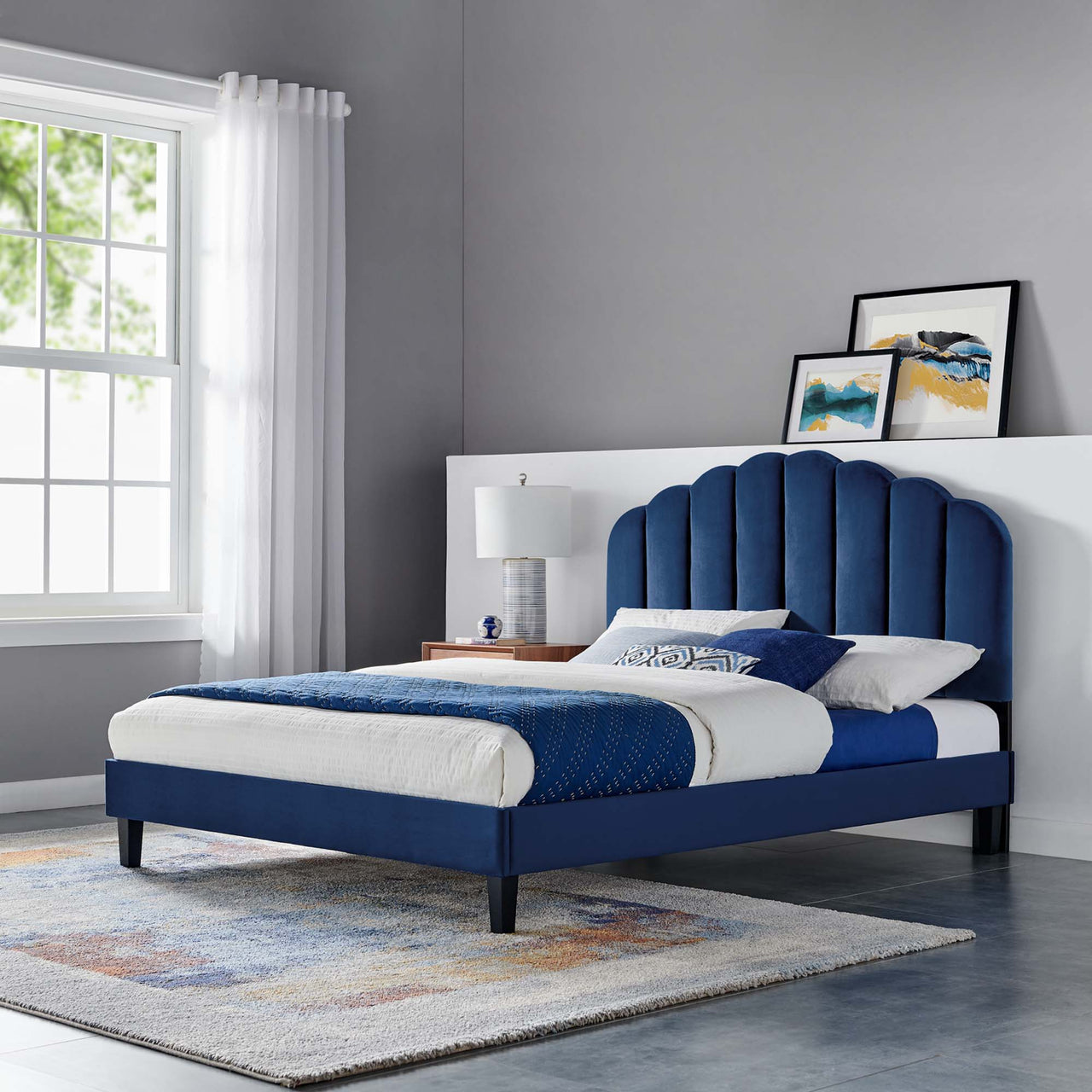 Tiara Velvet Queen Platform Bed, Navy