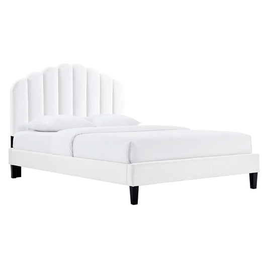 Tiara Velvet Queen Platform Bed, White