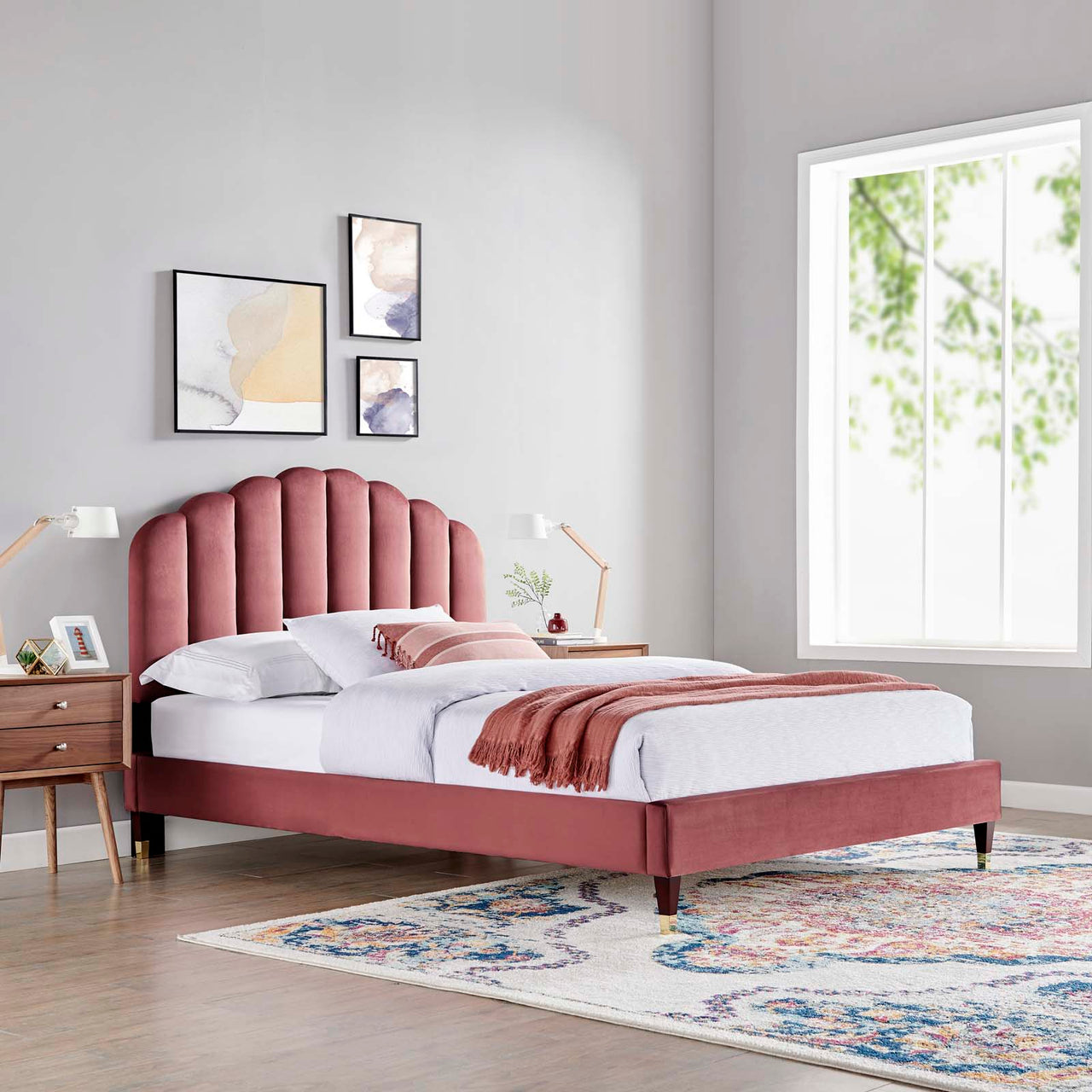 Tiara Velvet Queen Platform Bed, Dusty Rose