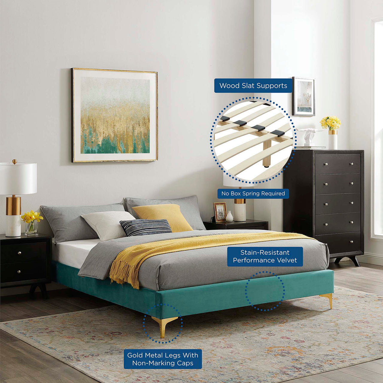 Valour Velvet King Bed Frame, Teal