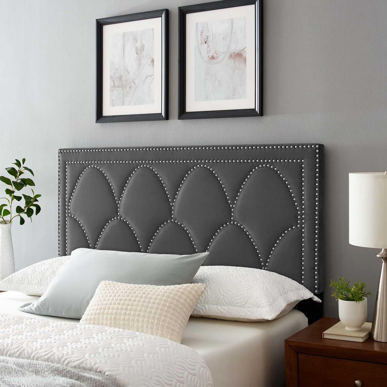Amphitrite Upholstered Velvet Twin Headboard, Charcoal