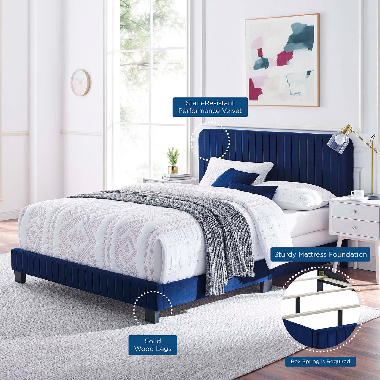 Heavenly Velvet Queen Bed, Navy