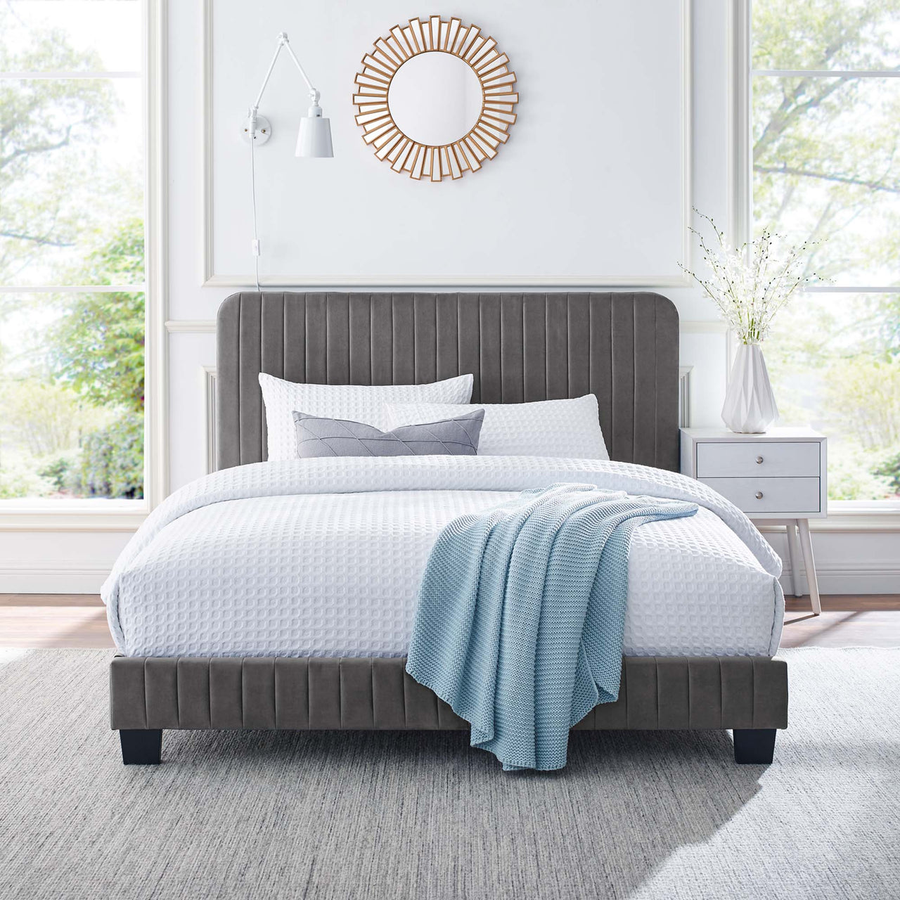 Heavenly Velvet Queen Platform Bed, Gray