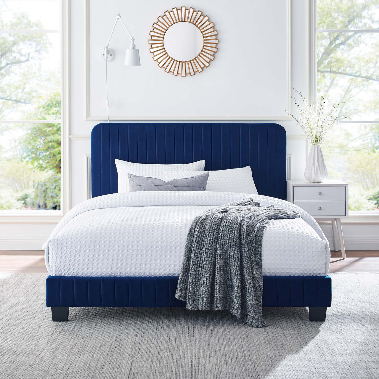 Heavenly Velvet Full Platform Bed, Navy