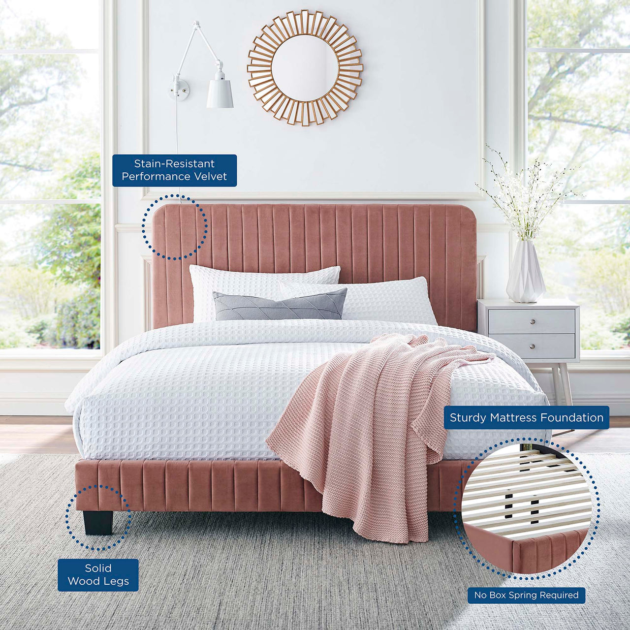 Heavenly Velvet Twin Platform Bed, Dusty Rose