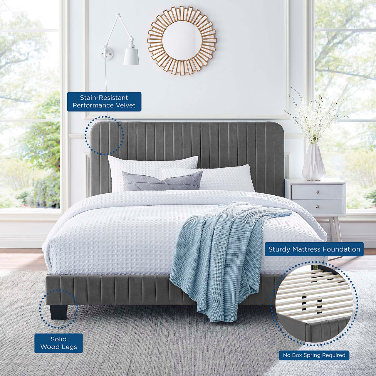 Heavenly Velvet Twin Platform Bed, Gray