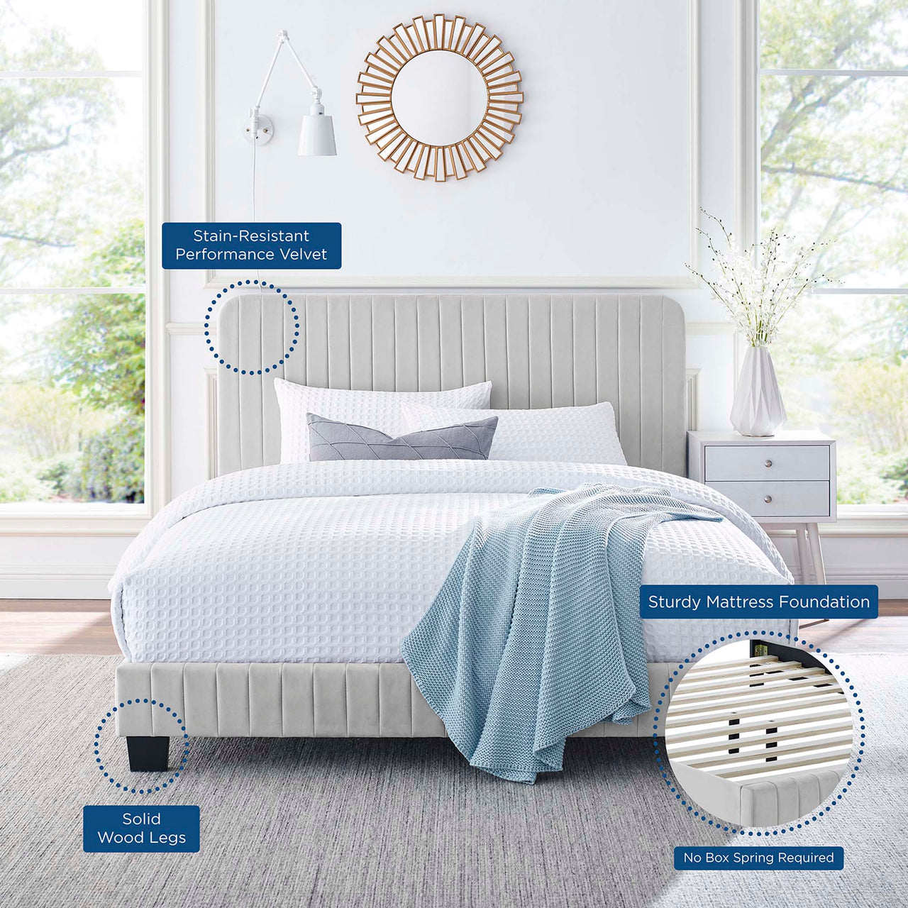 Heavenly Velvet Twin Platform Bed, Light Gray