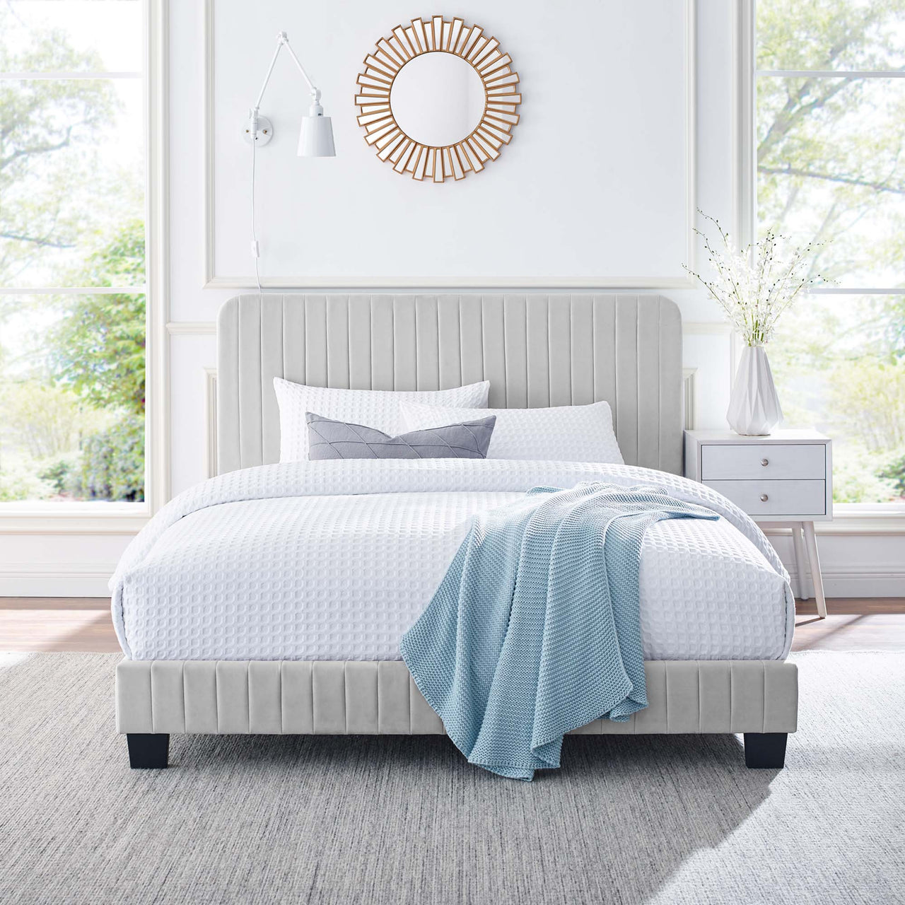 Heavenly Velvet Twin Platform Bed, Light Gray