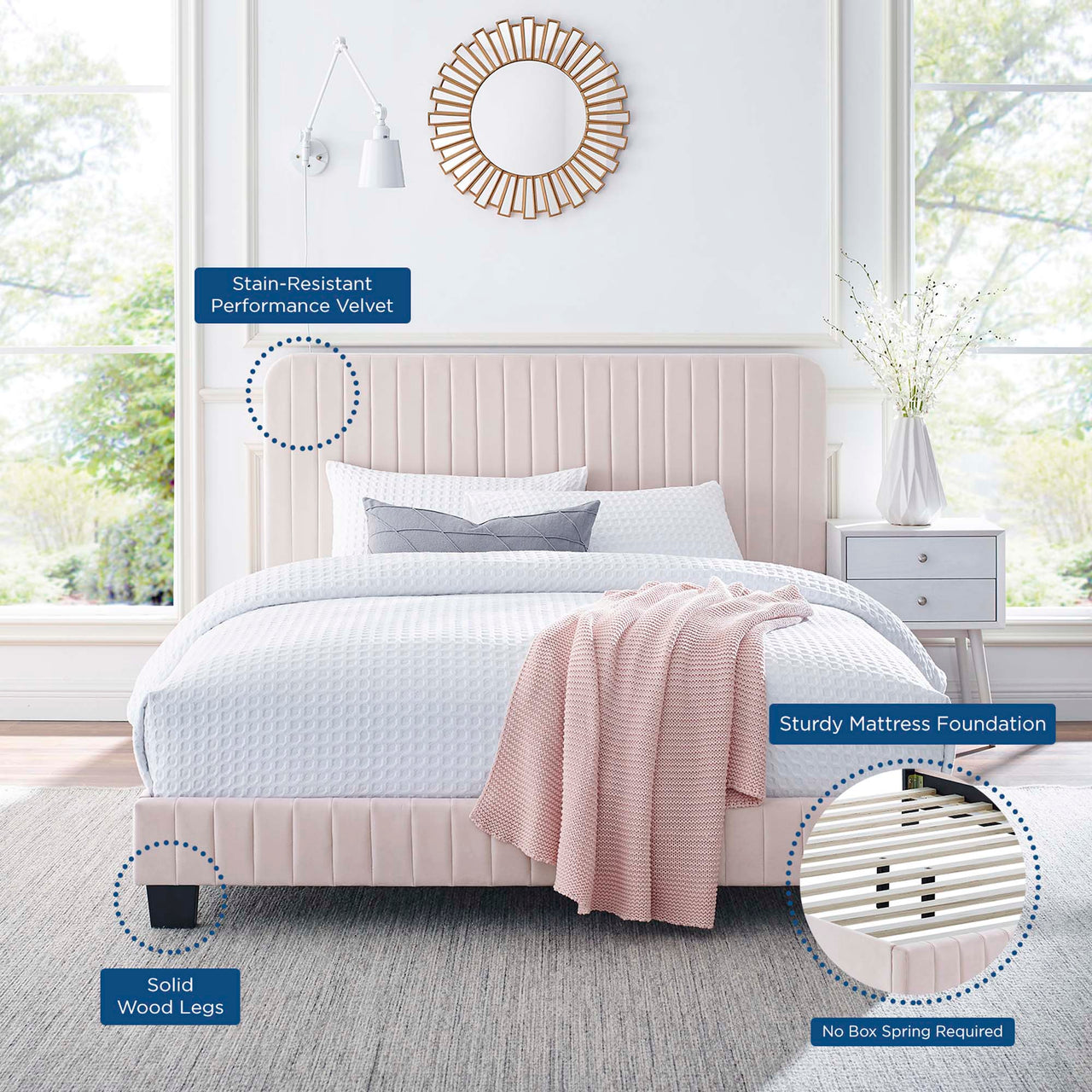 Heavenly Velvet Twin Platform Bed, Pink