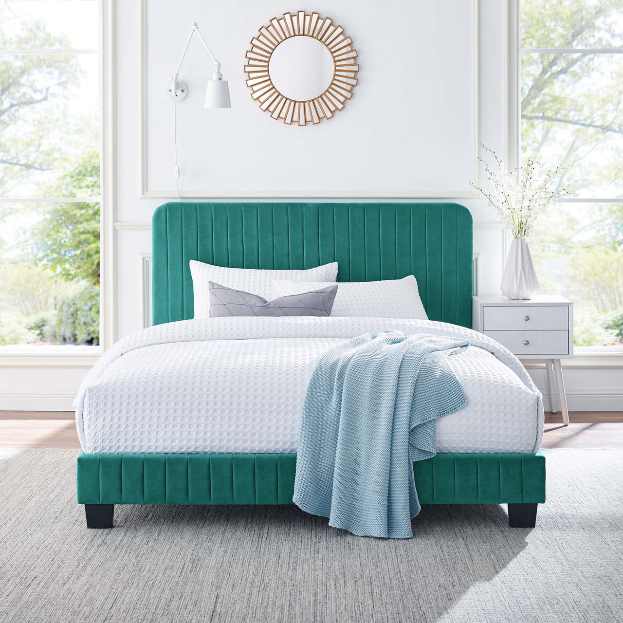 Heavenly Velvet Twin Platform Bed, Teal