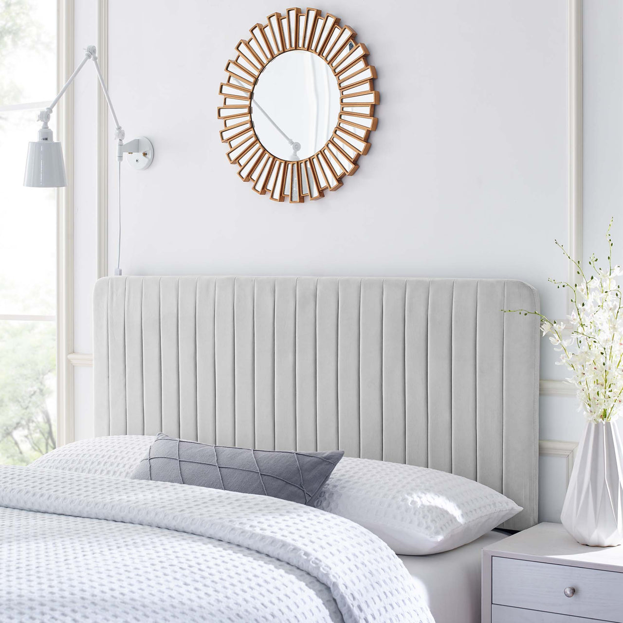 Emara Upholstered Velvet Twin Headboard, Light Gray