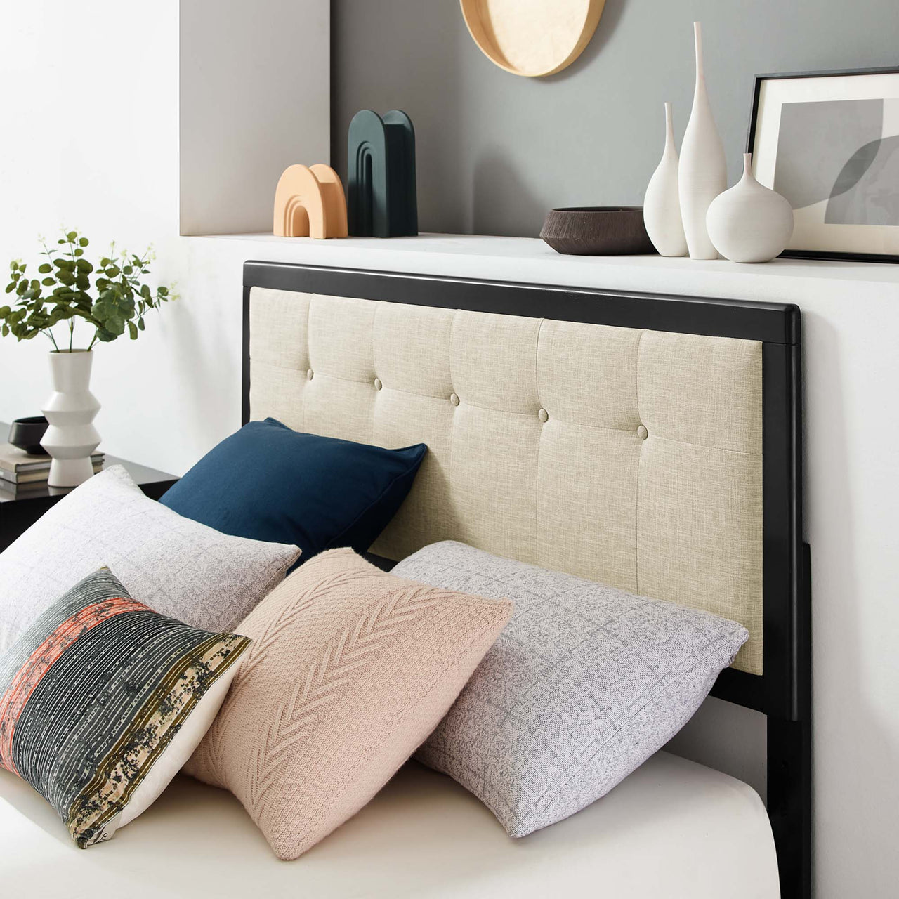 Weslow Button-Tufted Queen Platform Bed, Black & Beige